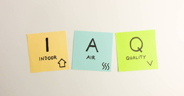 Three sticky notes explain the IAQ acronym by listing Indoor, Air, and Quality below each corresponding letter.