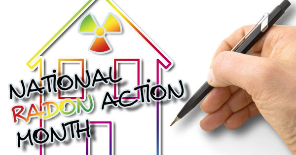 A hand holds a pen near the words "National Radon Action Month" on a line drawing of a house against a white background.